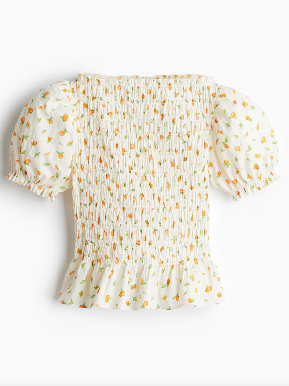 DIVIDED H&M SMOCKED COTTAGE SHORT Puff Sleeve Oranges Floral Print Top M